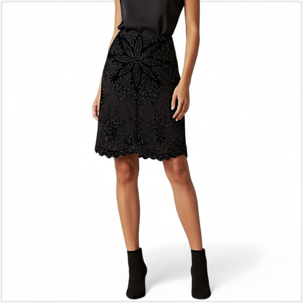Emma Black Beaded Silk Velvet Embroidered Beaded Pencil Evening Skirt New NWT 12